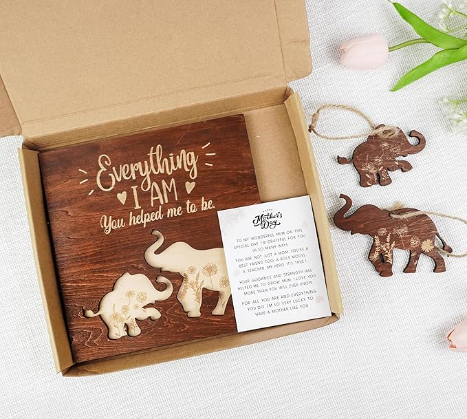 Elephant Wooden Frame Gifts for Mothers Day Mom Mama Elephant Sign Wall Decor Animal Plaque Father's Day Birthday Friendship Family Christmas Gifts for New Mom Nana Grandma from Son, Daughter HF88