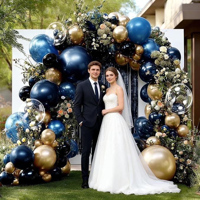Navy Blue Black Balloon Arch Double Stuffed Dark Royal Blue Black Gold Balloon Garland Kit Banner Fringe Curtain Foil Balloons for Birthday Graduation Wedding Anniversary Space Baby Shower Decor