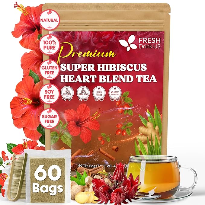 FreshDrinkUS, 60 Tea Bags Super Hibiscus Heart Blend– Herbal Tea with Hibiscus Flower, Ginger, Cinnamon Stick, Lemongrass & Rose Hip – Naturally Caffeine-Free, Sugar-Free, Vegan