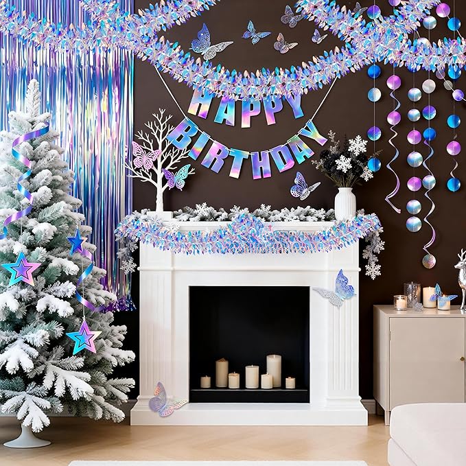 BTSD-home Iridescent Party Decorations, Hanging Honeycomb Balls, Paper Fans & 3D Star Ornaments, Holographic Ceiling Decor for Birthday, Wedding, Baby Shower, Christmas, Disco & Euphoria Theme Parties