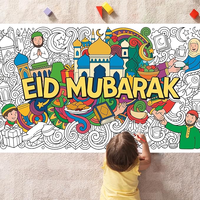 OHOME Eid Mubarak Giant Coloring Poster/Tablecloth - Eid Decorations for Home,Kids Gifts Crafts Games Activities Toys Decor Party Decor for Classroom School