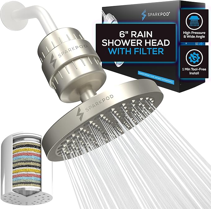 SparkPod Luxury Filtered Shower Head Set 23 Stage Shower Filter - Reduces Chlorine and Heavy Metals - High Pressure Showerhead Filter (6" Round, Brushed Nickel)