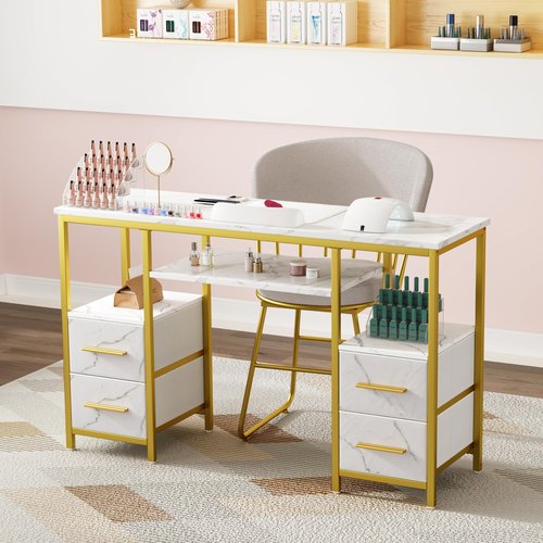 BSONE Nail Desk for Nail Tech – White & Gold Manicure Table with 4 Storage Drawers, Faux Marble Nail Station for Salon or Home