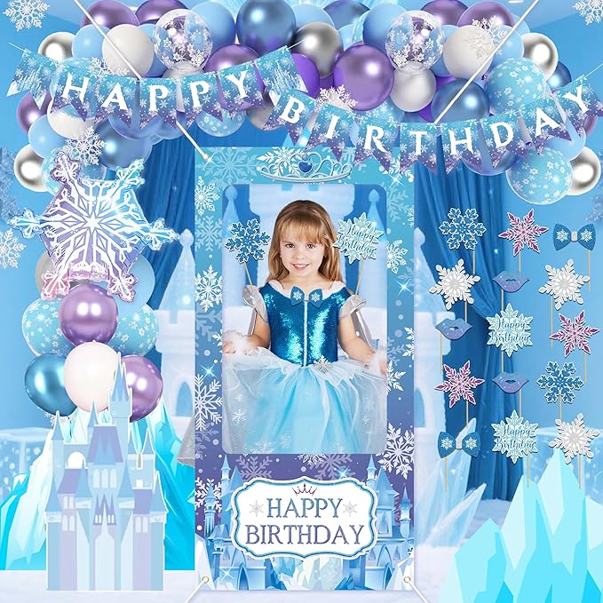 Frozen Birthday Decorations for Women,Happy Birthday Banner,Snowflake Foil Balloon,35 Blue Purple White Balloons,Photo Booth Props for Girls