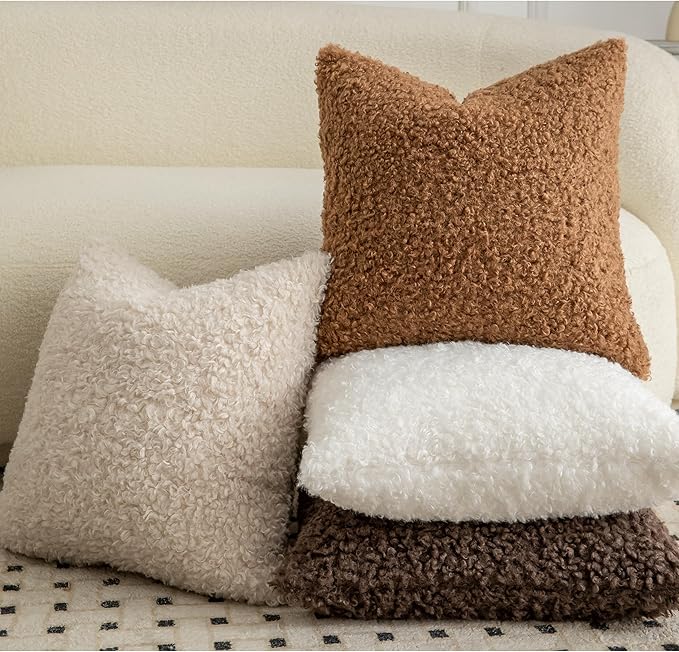 Pack of 2 Curly Teddy Wool Faux Fur Throw Pillow Covers Fuzzy Accent Soft Sherpa Pillowcases Sheepskin Fleece Decorative Cushion Case for Sofa Couch Living Room 18x18 Inch Bronze
