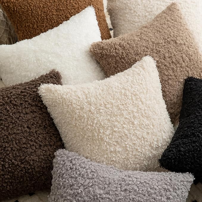 Pack of 2 Curly Teddy Wool Faux Fur Throw Pillow Covers Fuzzy Accent Soft Sherpa Pillowcases Sheepskin Fleece Decorative Cushion Case for Sofa Couch Living Room 24x24 Inch Light Grey