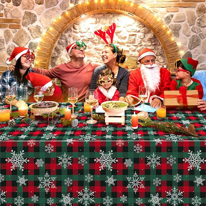3Pcs Christmas Buffalo Plaid Snowflake Party Tablecloths Decorations,Plastic Red and Green Checkered Rectangle Table Cover for Winter Christmas New Year Birthday Holiday Party Decorations,54x108 inch