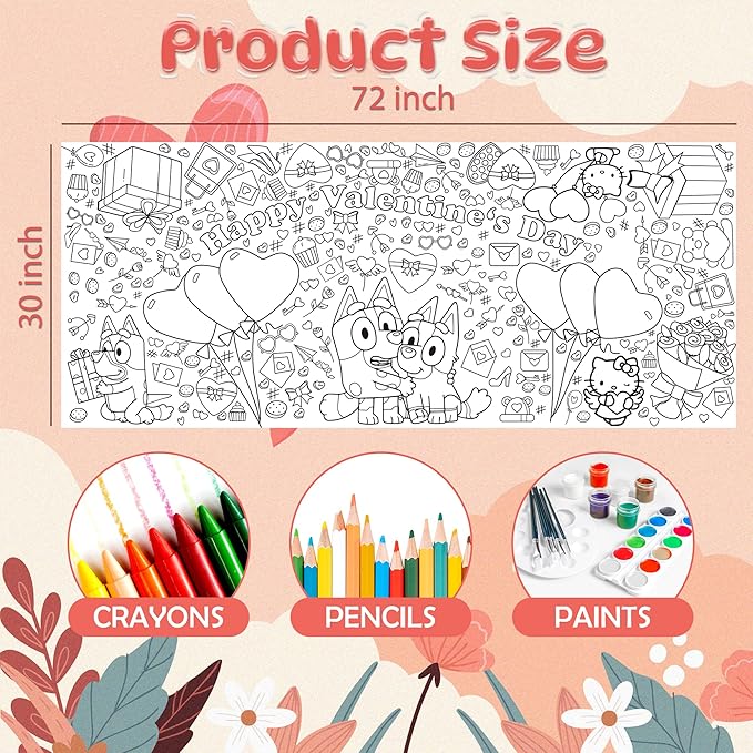 Valentines Giant Coloring Tablecloth,Valentines Day Crafts for Kids - 72x30 Inches, Paper Coloring Banner Games Activities Gifts Party Decorations