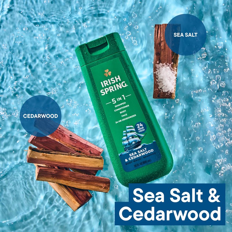 Irish Spring 5 in 1 Moisturizing Body Wash for Men, Shampoo, Conditioner, Body and Face Wash, and 24 Hour Deodorizer, Paraben-Free, Sea Salt & Cedarwood Scent, 20 fl oz, 4 Pack