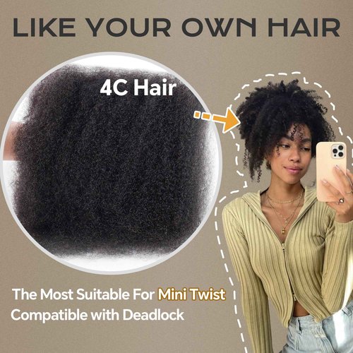 BLL Afro Kinkys Bulk Human Hair, 20 Inch 50 Gram 100% Human Hair for Mini Twist Braiding Dreadlock Loc Extensions Afro Kinky Curly Hair Bulk Black Color (1B, 20 Inch (Pack Of 1))