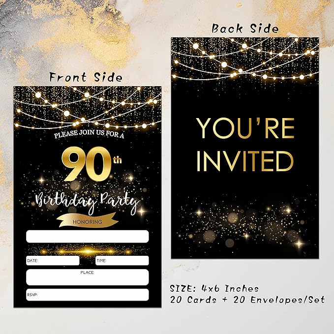 90th Birthday Invitations with Envelopes - Black Gold Glitter Fill-in Invites Cards - Surprise Birthday Party Invitation Card for Him/Her - Adults Birthday Party Favors Supplies Decorations (20 Pack)