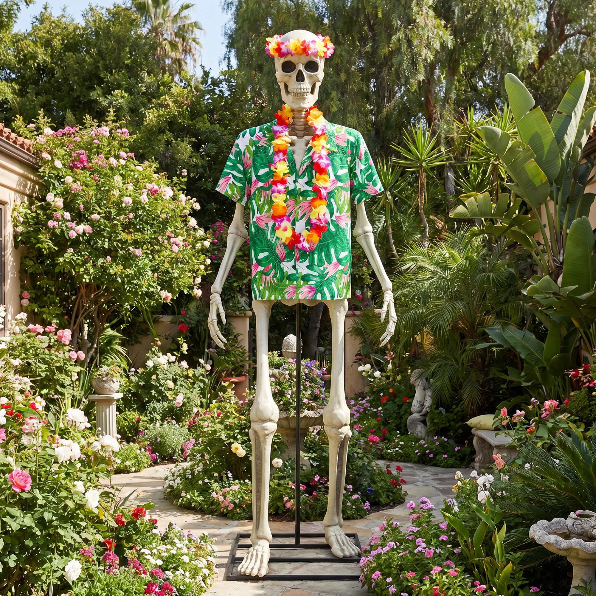 3 Pcs 12 Ft Skeleton Summer Costume Set, Hawaiian Skeleton Clothes Accessories Included Headband Garland and Shirt, Giant Skeletons Outfit Accessories for Outdoor Yard Decor, Skeletons Not Included