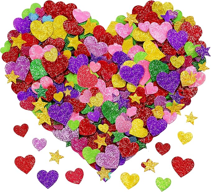 Stickers for Kids - 280 PCS Glitter Foam Reward Stickers for Kids Classroom | Self Adhesive Stars Mini Heart Shapes Glitter Stickers for Teachers Students - Arts Craft Scrapbook Supplies Party Favors