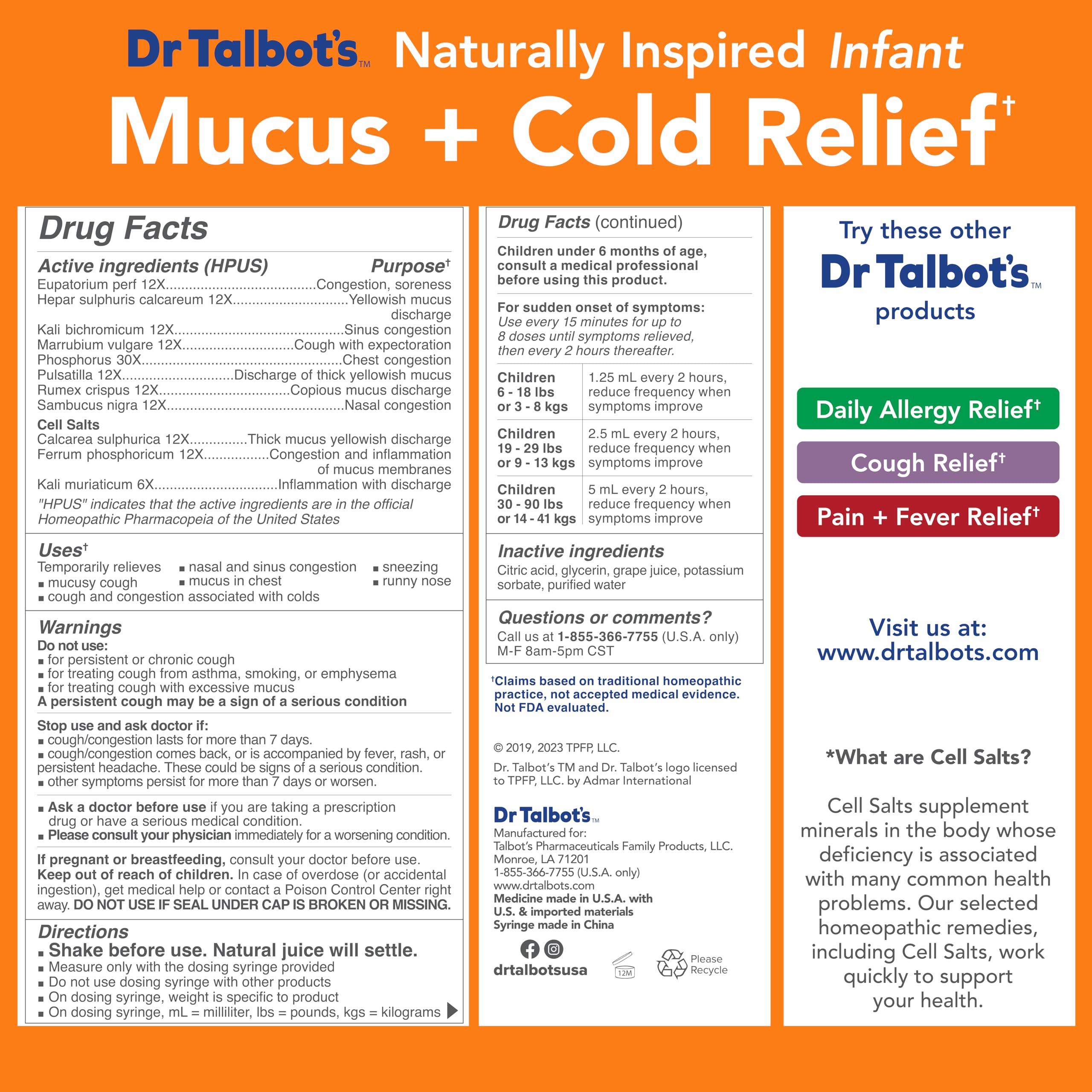 Dr. Talbot's Infant Mucus and Cold Relief with Cell Salts - 4 fl oz - Naturally Inspired Kids Cold Medicine - Grape Juice Flavor - Includes Syringe