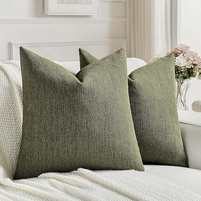 FUTEI Moss Green Chenille Decorative Throw Pillow Covers 22x22 Inch Set of 2,Soft Cozy Faux Linen Textured Cushion Case,Farmhouse Home Decor for Couch Living Room