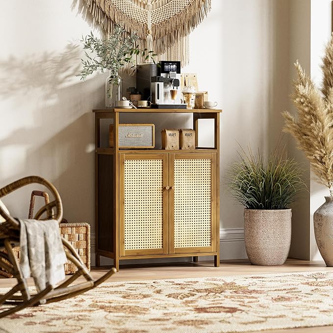 HITNET Rattan Bathroom Floor Cabinet, Freestanding Bamboo Storage Cupboard with 2 Doors, Living Room Sideboard, Space Saving, Walnut