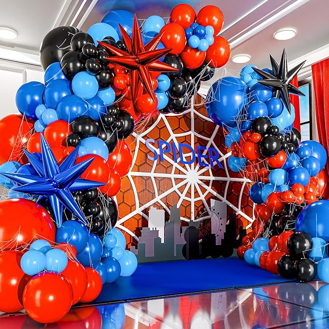 ALL-IN-1 Spider Balloon Arch Kit with BONUS Starburst for Spidy Birthday Decorations - Red Blue Spider Balloons for Spidy Man Party Decorations - Miles Birthday Decoration, Spidey Balloons