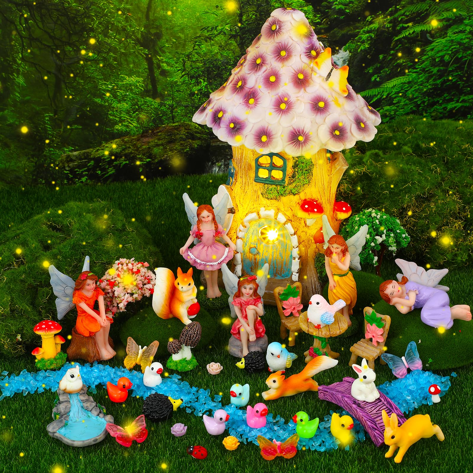 GGSTDDUP 70 Pcs Fairy Garden House Resin Kit Glowing Tree House Miniature Garden Fairy Animals Garden Accessories Decor Outdoor Mini Landscape Ornaments