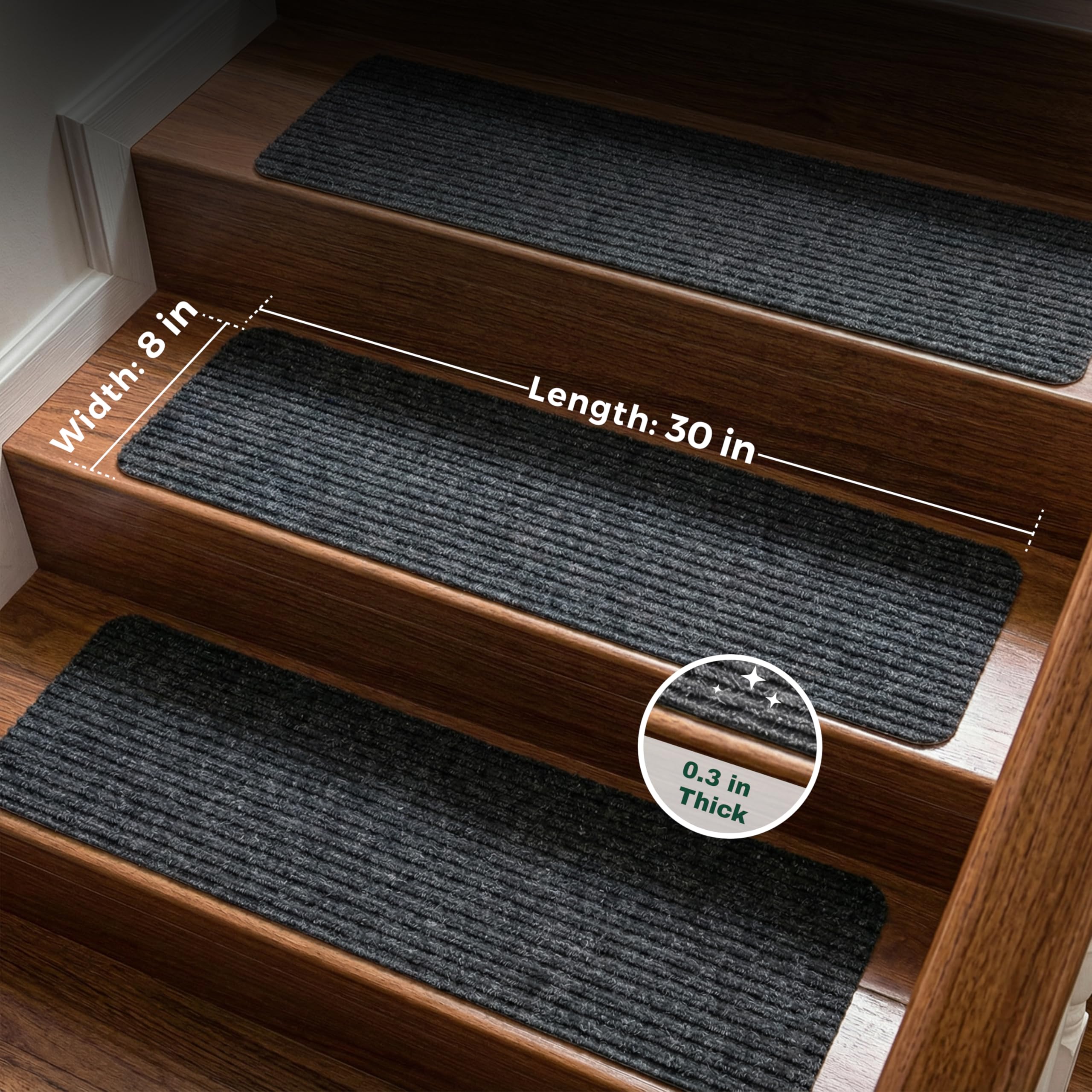 MBIGM Carpet Stair Treads for Wooden Steps, Black, 8 x 30 in, 15 Pack
