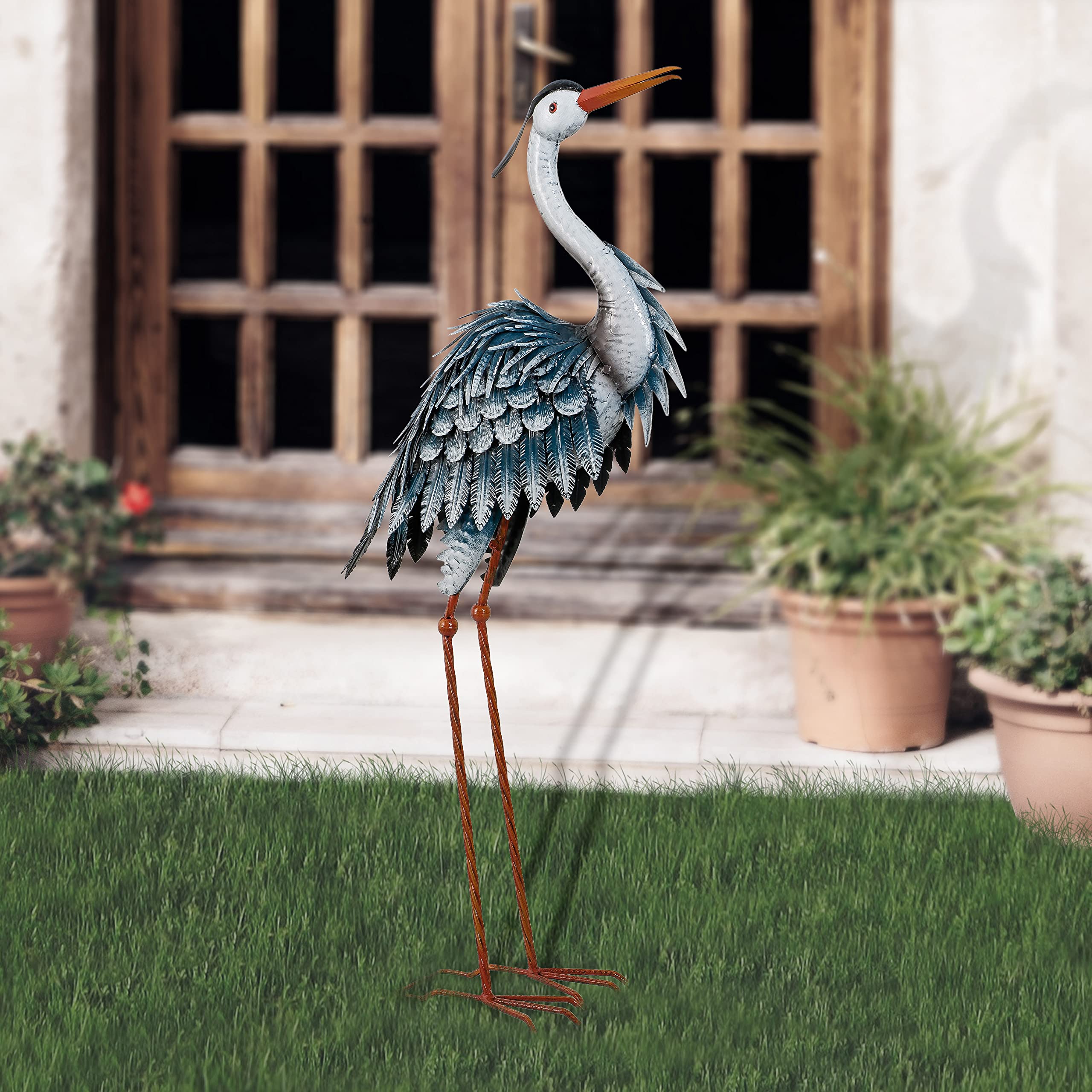TERESA'S COLLECTIONS Garden Decor Blue Heron Sculptures & Statues Decor, 33.8 Inch Coastal Metal Cranes Decoy for Outdoor Outside Yard Art Patio Pond Pool Lawn Decorations,Housewarming Gift