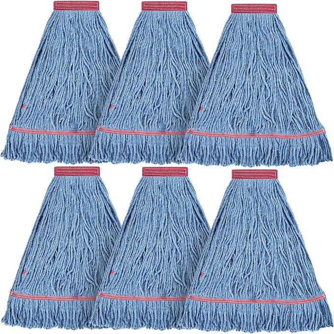 Matthew Cleaning 24oz Heavy Duty Mop Head Commercial Replacement for General and Floor Cleaning, Wet Industrial Blue Cotton Looped End String Head Refill (Pack of 6) Blue