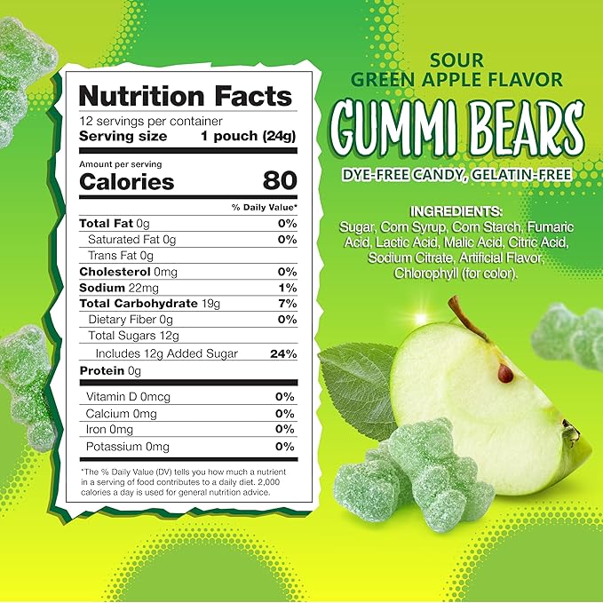Green Apple Gummi Bears | 12 Packs of Sour Gummies | Dye Free Candy | Chewy Candy for Party Favors, Goodie Bags, Snacking and Gifting | Gelatin Free Treat