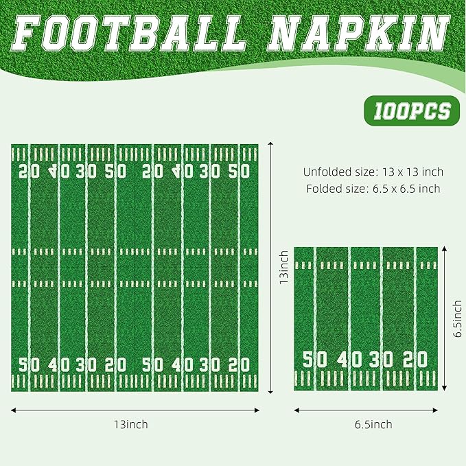 100-Pack Football Party Napkins, 2 Designs, 6.5x6.5 Inch Disposable Paper Napkins for Super Bowl, Football Birthday, Tailgate Party Decorations & Supplies