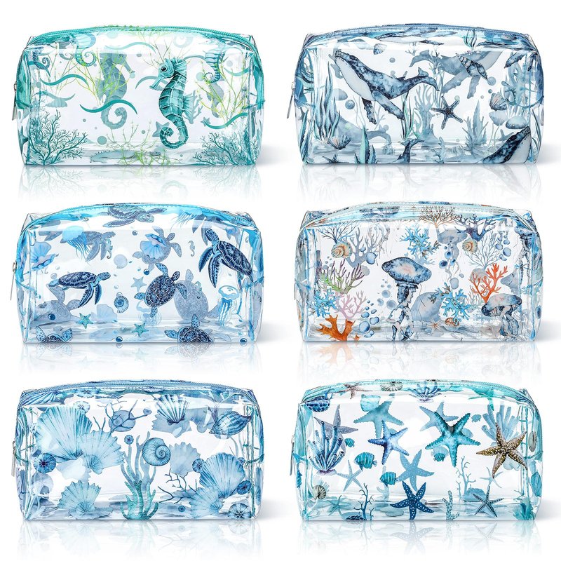 Kacctyen 6 Pcs Clear Makeup Bag Waterproof travel Cosmetic Thickened PVC Toiletry Beach Theme with Whale Starfish Turtle Ocean Sea Animals Print Beauty Cosmetic Makeup Bag Gifts