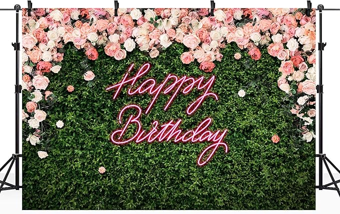 Riyidecor Green Leaves Happy Birthday Backdrop Polyester Fabric Neon Pink Floral Rose Flower Blossom Botanical Plant Nature 8Wx6H Feet Girls Women Photography Background Birthday Photo Studio Shoot