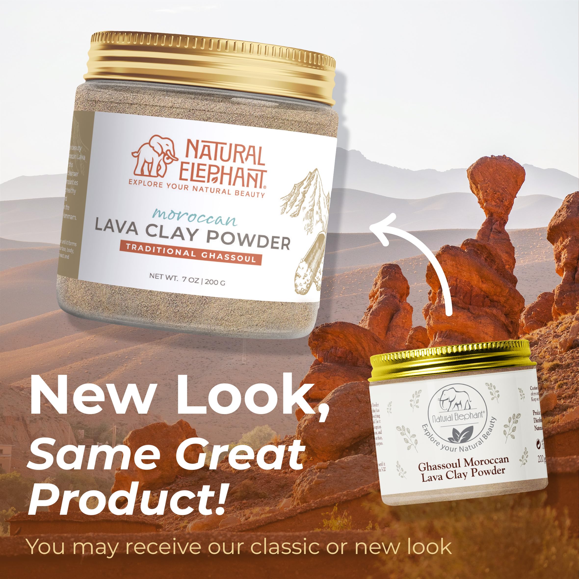 Natural Elephant Ghassoul (Rhassoul) Moroccan Lava Clay Powder | 100% Pure & Natural Face & Body Mask Powder | 200g Jar and 1lb Bag Refill