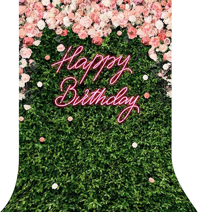 Riyidecor Flower Wall Happy Birthday Backdrop Neon Green Leaves Pink Rose Floral Blossom Botanical Plant Nature 5W*7H Feet Women Girls Photography Background Bday Party Photo Studio Shoot Fabric