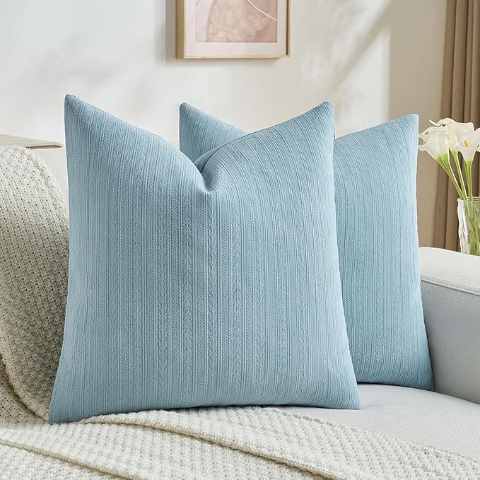 FUTEI Denim Blue Decorative Throw Pillow Covers 22x22 Inch Set of 2,Soft Cozy Wheat Ear Striped Patterns Cushion Cases,Modern Home Decor for Couch Bed Living Room