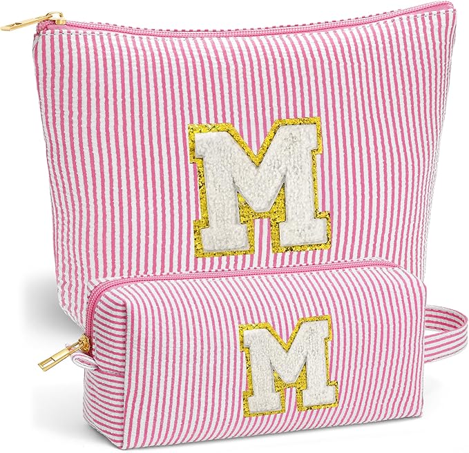 Teacher Appreciation Gifts for Women - 2026 Teacher Gifts Cute Makeup Bag, Personalized Initial Makeup Bags Set, Pink Letter M