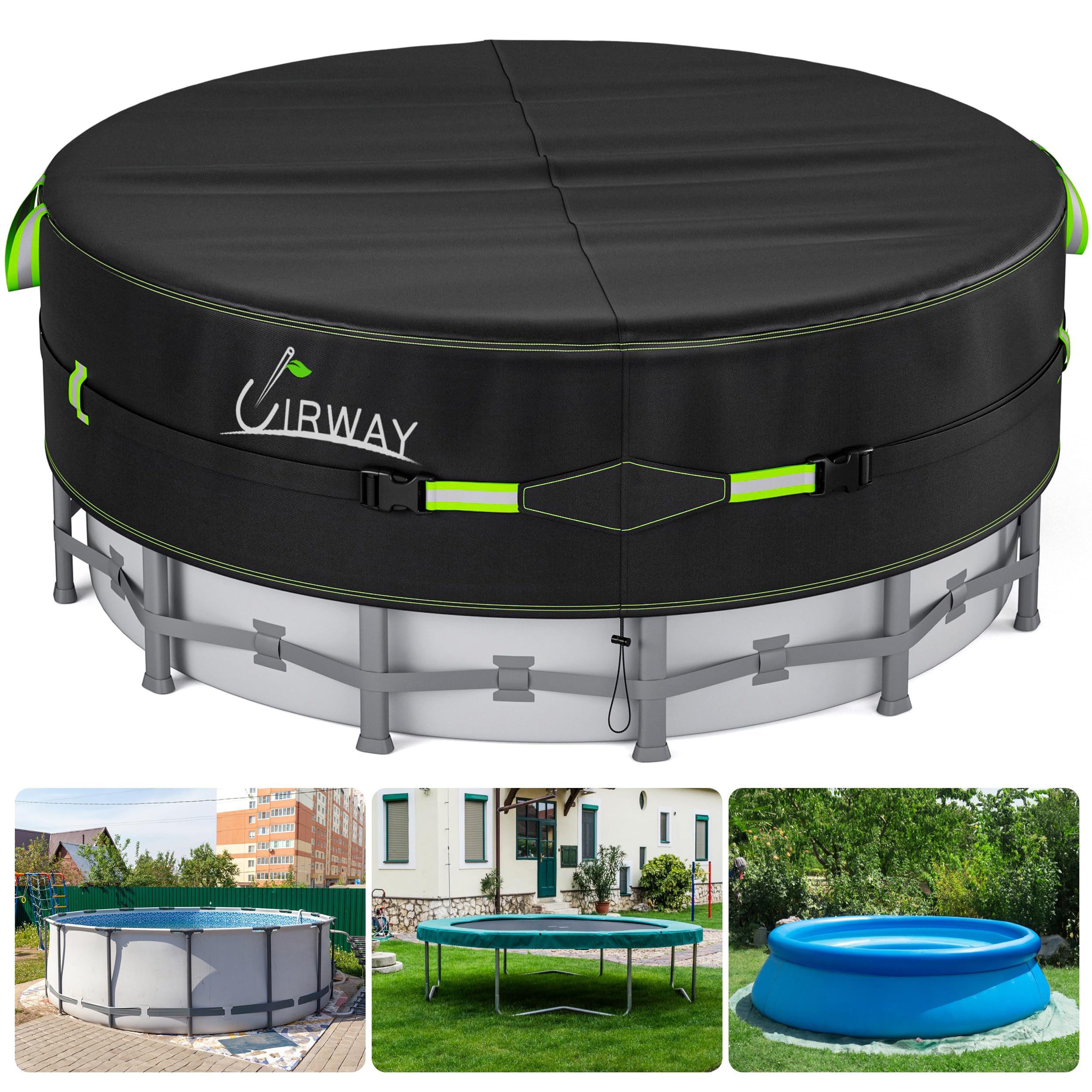 UIRWAY 16 Ft Round Pool Cover with Reflective Strips, Swimming Pool Cover for Above Ground Pools, Solar Cover Including Rope Tie and Luminous Ground Nails, PU Tarp Snug Fit for UV Protected