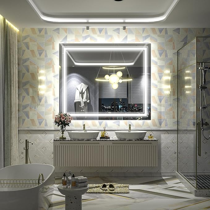 48x40 inch Large LED Bathroom Mirror, Lighted Vanity Mirror for Wall, Dimmable, Anti-Fog, Shatter-Proof, ETL Listed (Front Lights + Backlit)