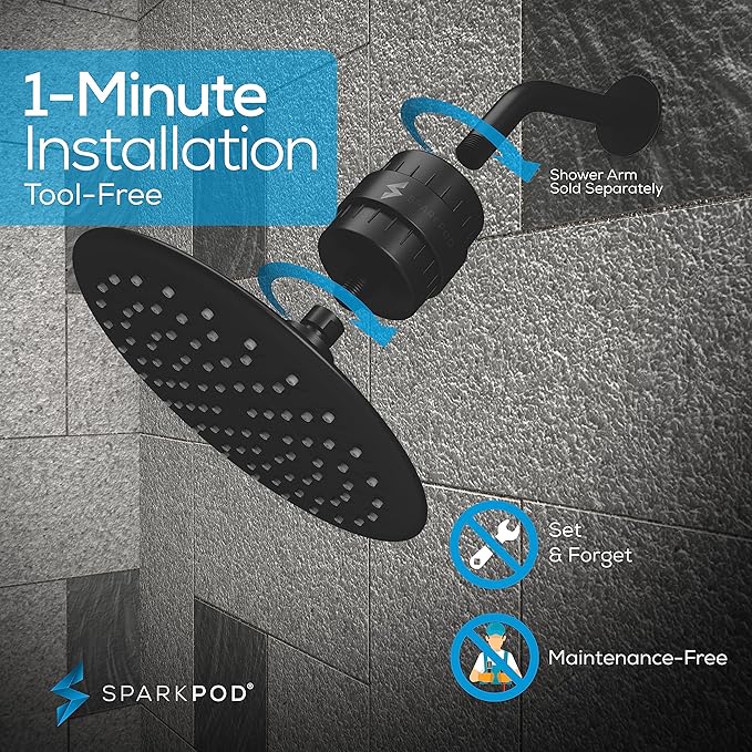 SparkPod Luxury Filtered Shower Head Set 23 Stage Shower Filter - Reduces Chlorine and Heavy Metals - High Pressure Showerhead Filter (9.5" Round, Midnight Black Matte)