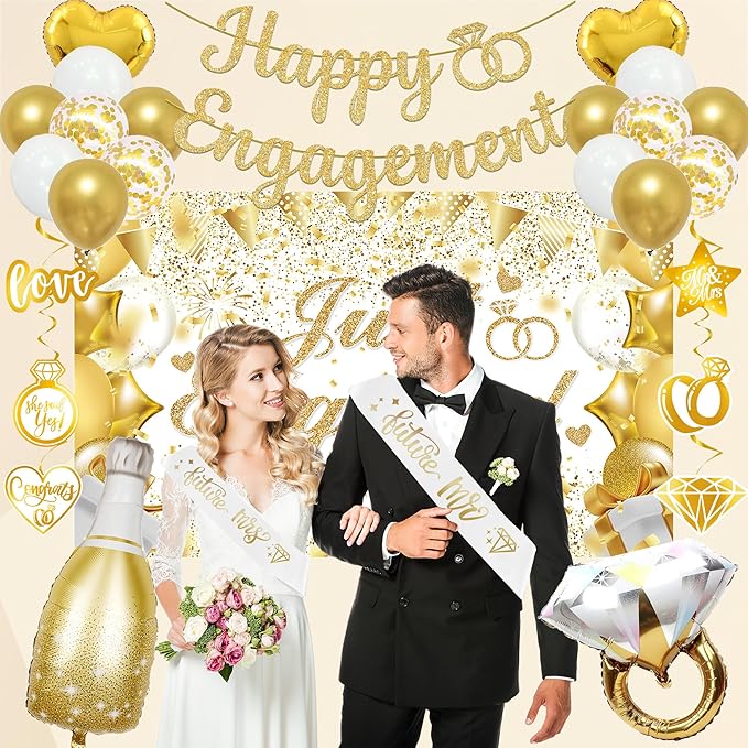 Vlipoeasn Gold Engagement Party Decorations for Couple, Just Engaged Backdrop Banner, Cake Topper, Honeycomb, Hanging Swirls