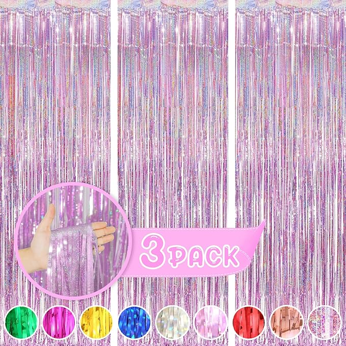 3Pack Pink Foil Fringe Curtain Backdrop - 3.3ft x 8.3ft Metallic Tinsel Photo Booth Decor for Bachelorette Party Decorations