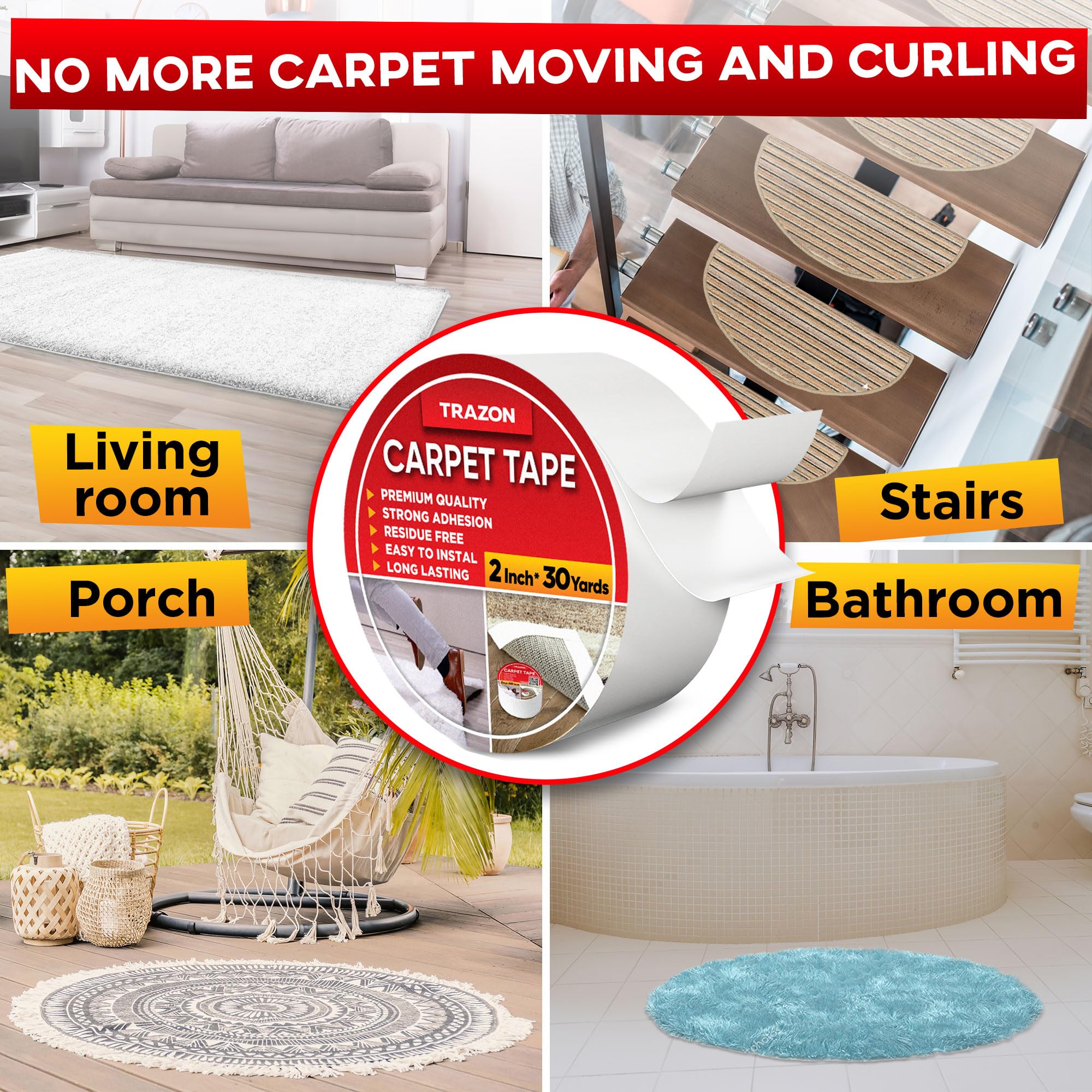 Trazon Carpet Tape Double Sided - Rug Tape Grippers for Hardwood Floors and Area Rugs - Carpet Binding Tape Strong Adhesive and Removable, Heavy Duty Stickers Tape, Residue Free (2 Inch / 30 Yards)