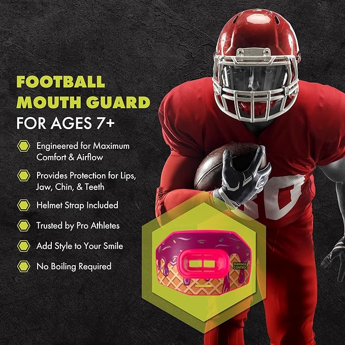 DAMAGE CONTROL Youth Football Mouth Guard – Breathable No Boil Mouthpiece, Protects Lips & Teeth, Works with Braces, Includes Helmet Strap – Sports Gear & Accessories (Brain Freeze)