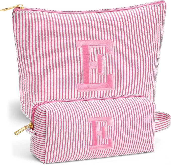 Initial Makeup Bag Set - Cute Pink Stuff for Women, Personalized Makeup Pouch Cosmetic Bag, Travel Essentials Toiletry Bag, Birthday Christmas Gifts for Women Stocking Stuffers, Pink Letter E