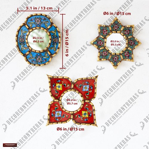 DecorContreras Handmade Small Accent Wall Mirrors Set of 3 | Peruvian Decorative Mirrors for Boho, Vintage & Bathroom Wall Decor