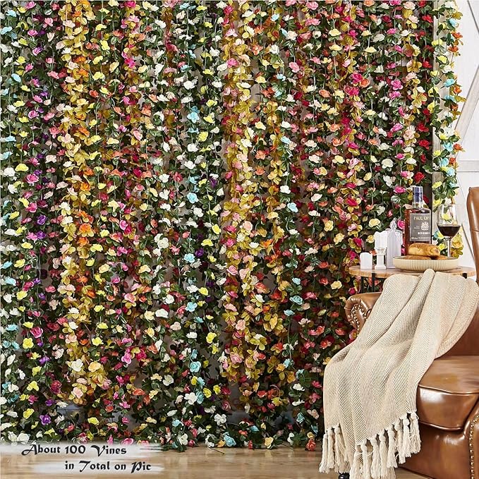 8 Pcs x 8.2 ft Flower Garland Artificial Rose Vine Flowers with Green Leaves Hanging Fake Roses Vine for Room Party Home Wedding Birthday Christmas Wall Arch Decor, Spring Purple Flower