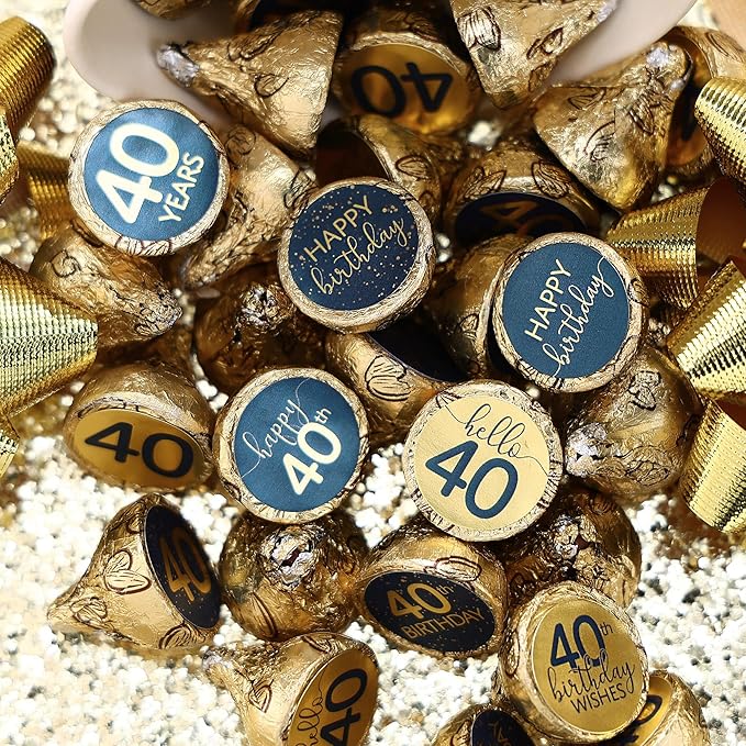 40th Birthday Party Favor Stickers – 180 Navy Blue and Gold Foil Labels for Chocolate Kisses – Candy Decorations for 40th Birthday Celebration – Milestone Party Supplies for Him or Her