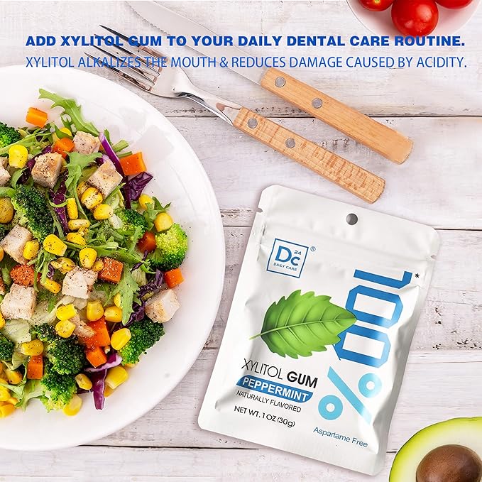 DC24 DAILY CARE 100% Xylitol Gum, Aspartame Free, Sugar Free Peppermint Chewing Gum, Natural Flavors, Gluten Free, Vegan, 20 Pieces, Pack of 2