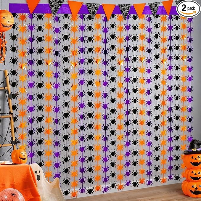 Halloween Party Decorations,2 Pack Orange Purple Black Spider Metallic Foil Fringe Curtains, 3.3 X 6.6 Ft Photo Booth Props Streamers Backdrop for Halloween Party Supplies Haunted House Decor
