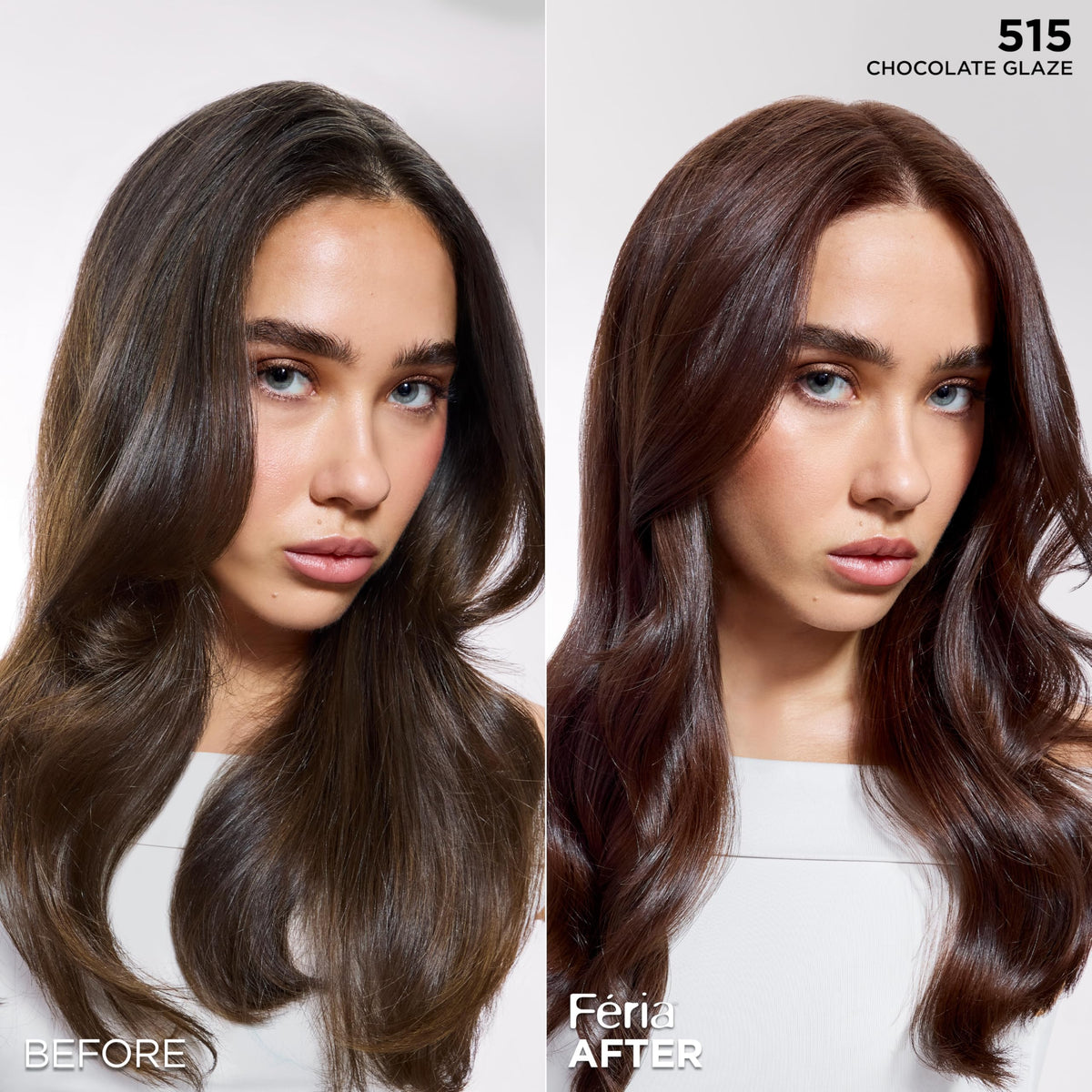 L'Oreal Paris Feria Multi-Faceted Shimmering Permanent Hair Color, High Intensity Hair Dye for 3X Highlights, 515 Chocolate Glaze, 1 Kit