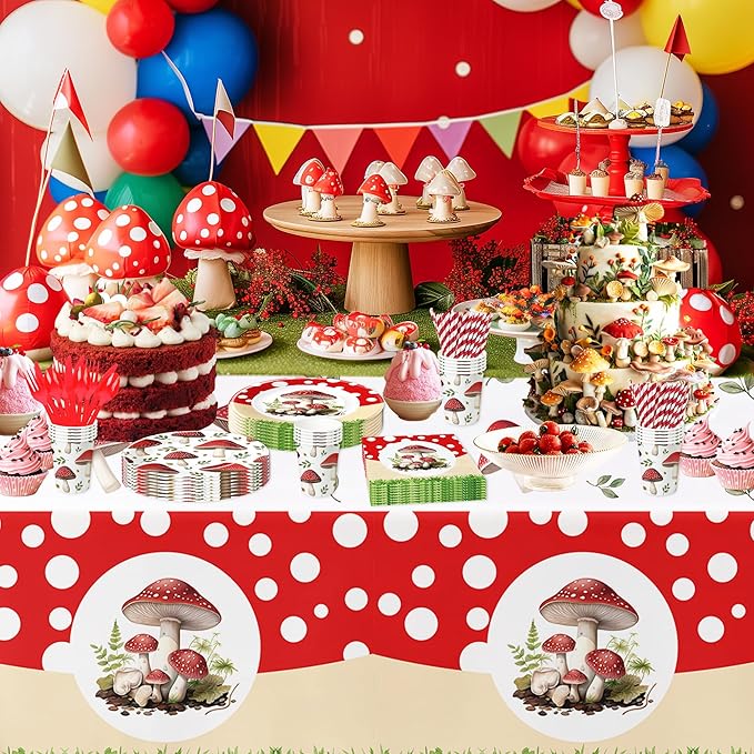 APOWBLS Mushroom Birthday Decorations Party Tableware - Mushroom Baby Shower Decorations And Supplies, Paper Plate, Cup, Napkin, Disposable Disposable Fork | Serves 24