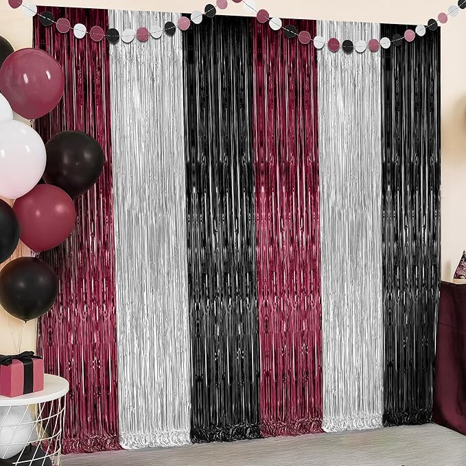 KatchOn, Burgundy Black and Silver Foil Fringe Curtains – Pack of 6 | Tinsel Backdrop for Bridal Shower, Bachelorette Party Decorations | Streamer Backdrop for Christmas, Halloween Decorations Indoor