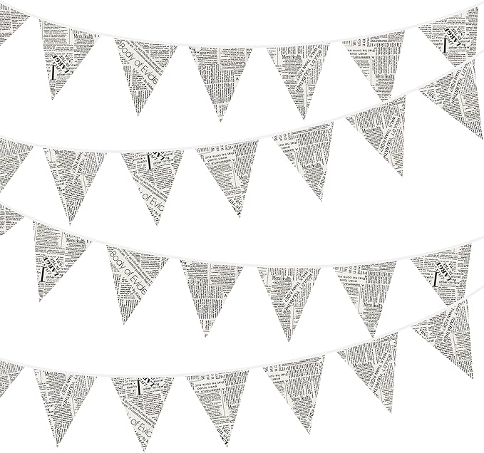 46Ft Vintage Newspaper Burlap Banner Newspaper Burlap Triangle Pennant Flag Linen Bunting Garland Streamers for Vintage Book Birthday Wedding Old News Baby Shower Engagement Library Party Decorations